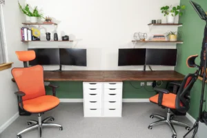 Dual Office Desk Setup with handmade wooden desktop