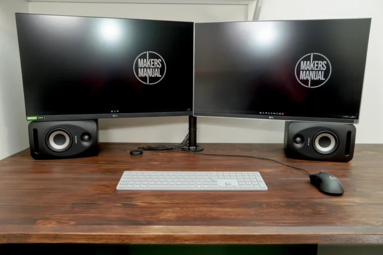 Wooden Office Desktop in walnut stained pine.