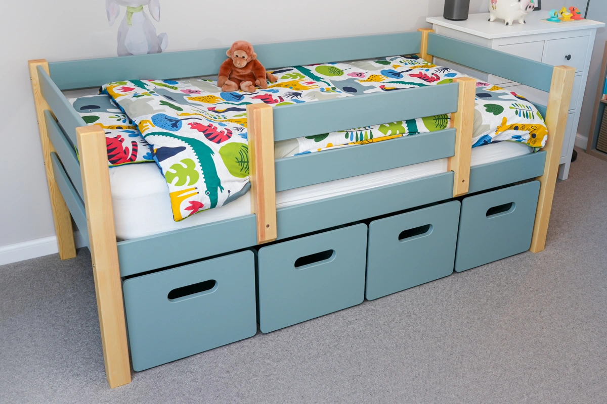 Solid Wood Low Midsleeper Kids Bed with Slide, Barrier and Drawers