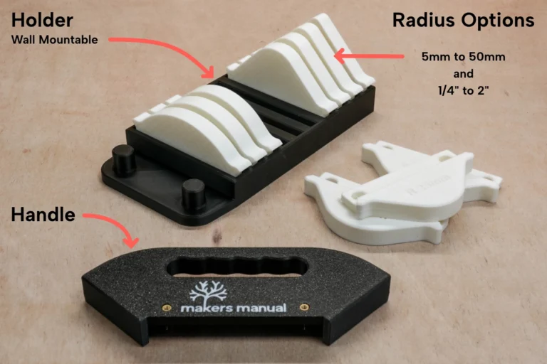 Router Radius Jig with many radius options in both metric (mm) and imperial (inches) sizes. Also comes with handy tool holder that is wall mountable.