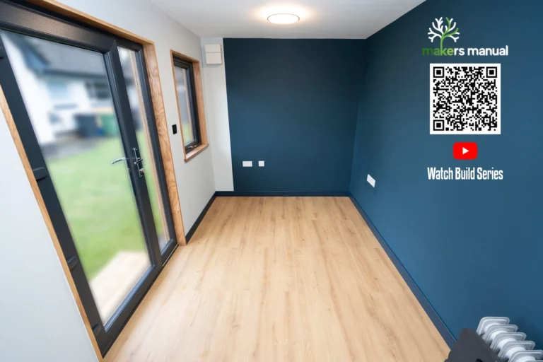 Two Person Garden Office Interior with two windows and a large door. Optimal layout for an office.